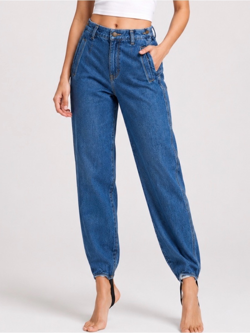 LizSport 80's Women’s High-Waist Blue Denim Jogger Jeans .SZ 8 Stirrups VINTAGE